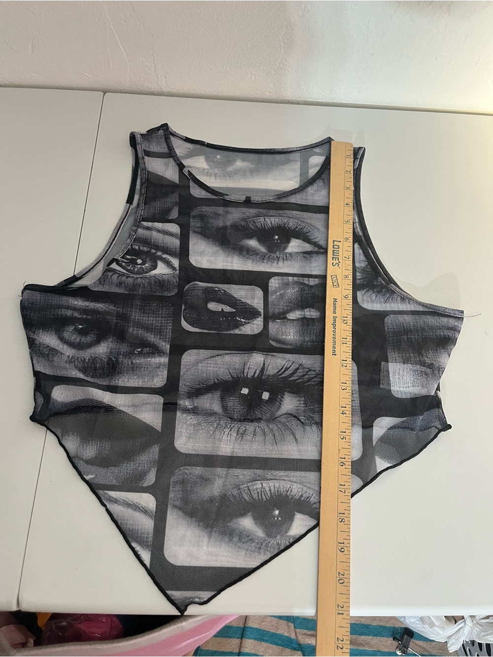 New Eyes Lips Mesh Patchwork Sleeveless Asymmetrical Handkerchief Crop Top XL - Picture 3 of 12
